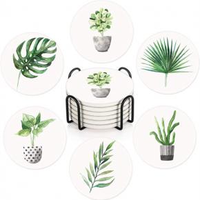 Set of 6 Coasters for Drinks Absorbent Green Leaves with Cork Base, Metal Holder